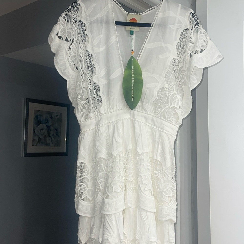 Farm Rio White dress. Size Small. Never worn. With tag. Too small. MSRP $280.